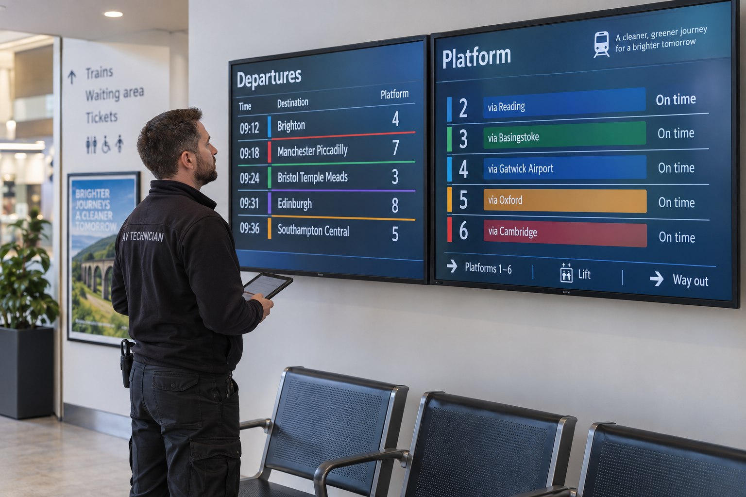 A technician reviews colored route bars and departure information on two wall-mounted commercial displays.