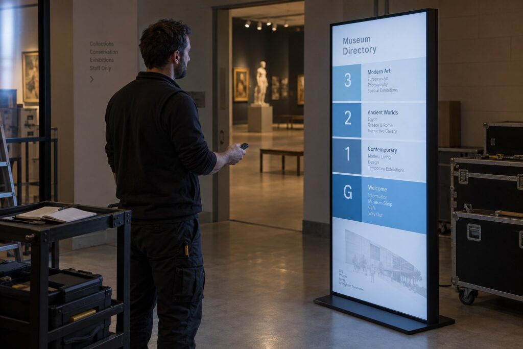 Un technicien utilise une télécommande près d’un écran d’orientation de musée au format portrait, sous un éclairage tamisé.