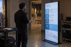 Un technicien utilise une télécommande près d’un écran d’orientation de musée au format portrait, sous un éclairage tamisé.