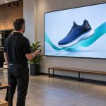 Ein Techniker mit Fernbedienung steht vor einem wandmontierten gewerblichen Display, das in einem Showroom eine Schuhwerbung zeigt.