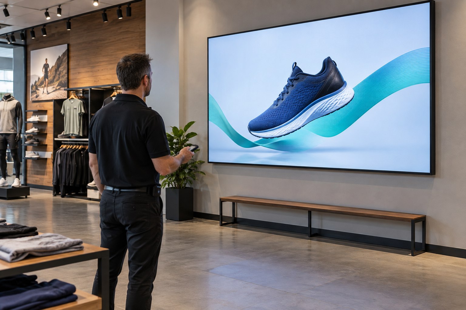 A technician with a remote faces a wall-mounted commercial display showing a shoe advertisement in a retail showroom.