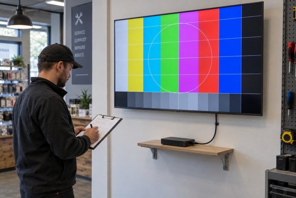Ein Monteur prüft eine Checkliste neben einem wandmontierten Display mit Testbild und angeschlossenem Mediaplayer.