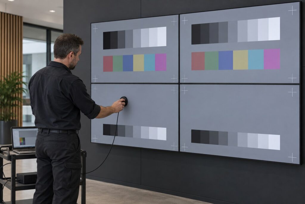 Ein Techniker hält eine kabelgebundene Messsonde an das linke untere Panel einer LCD-Videowand aus vier Bildschirmen.
