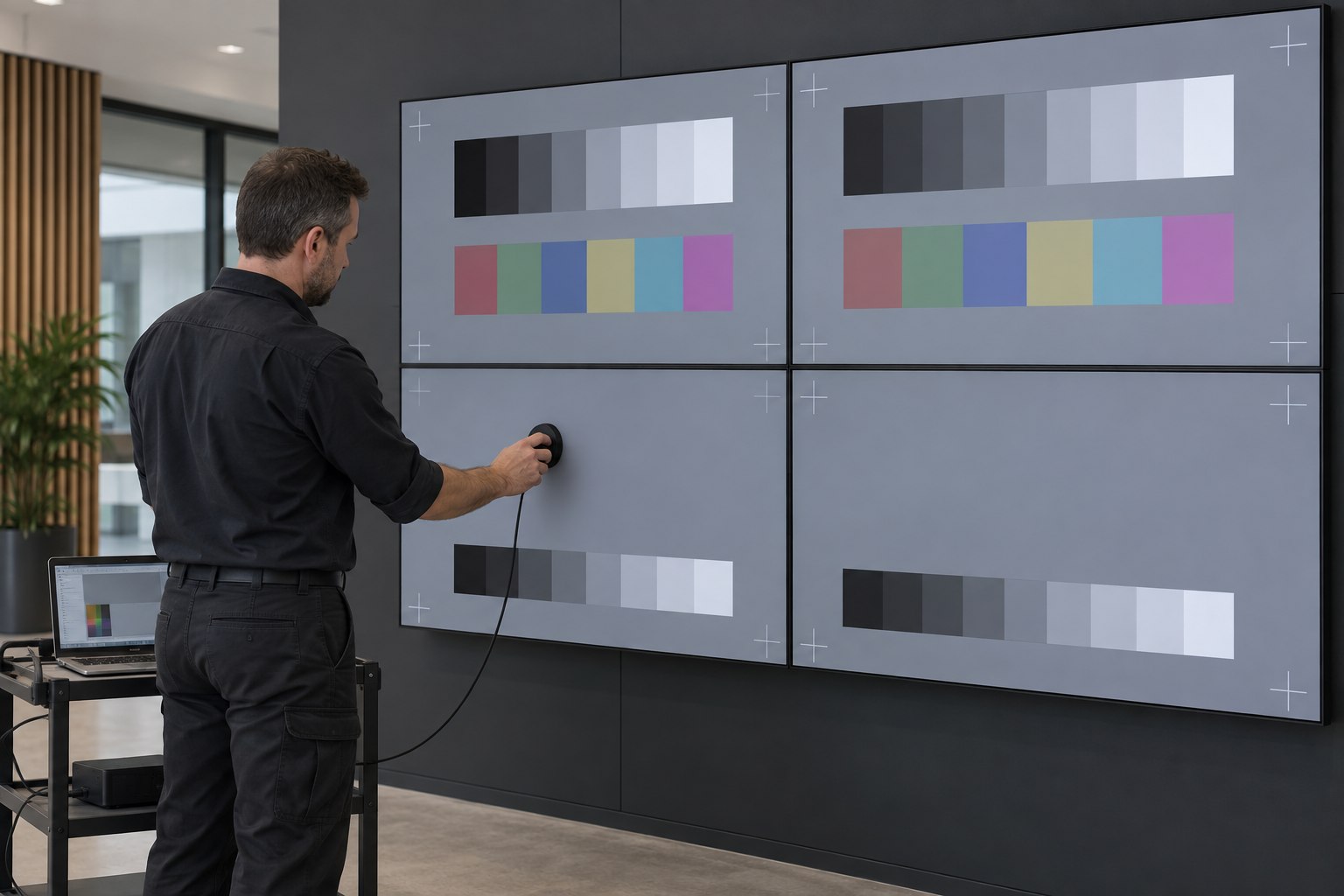 A technician holds a wired measurement probe against the lower-left panel of a four-screen LCD video wall.