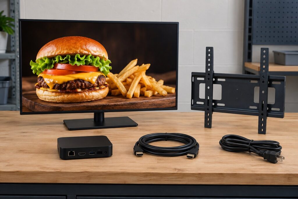 A digital display, compact media player, wall mount and cables arranged on a workbench.