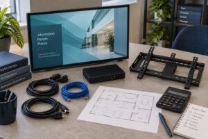 Display, media player, wall bracket, cables and site plan arranged for project budgeting.