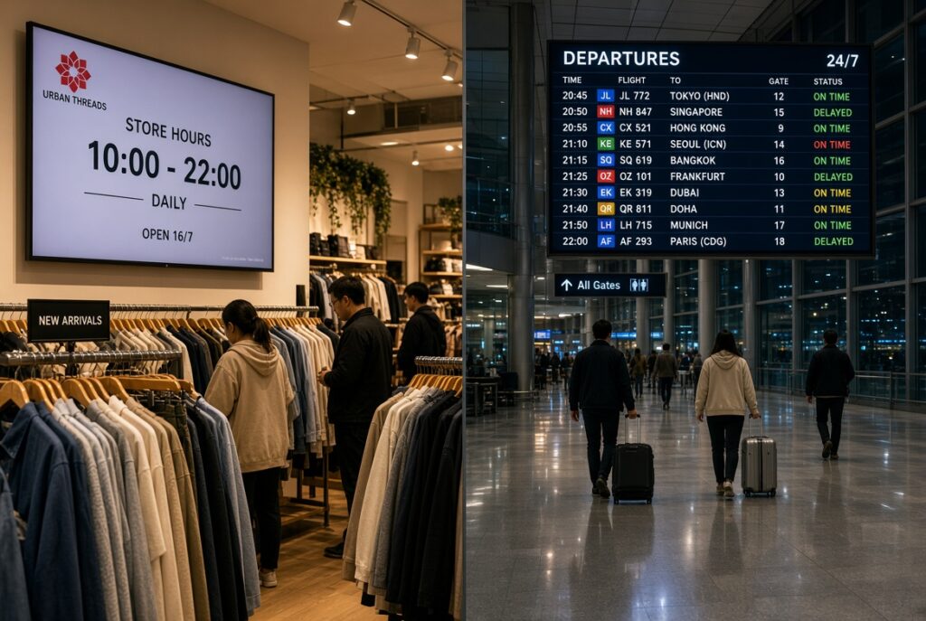 Split image showing retail store digital signage displaying store hours and airport departure board with flight information