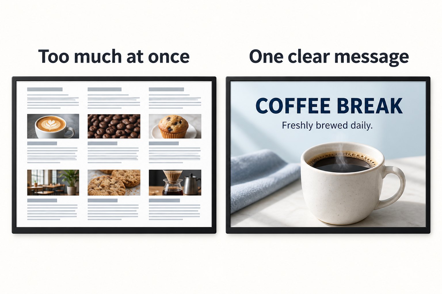 Crowded digital signage layout compared with one large coffee image and a clear headline