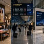 Three digital signage examples: retail summer sale promotion, airport flight departure board, and corporate office welcome screen