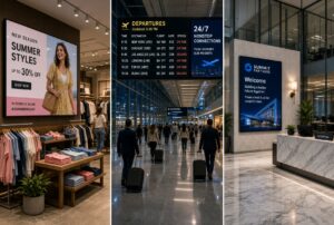 Three digital signage examples: retail summer sale promotion, airport flight departure board, and corporate office welcome screen