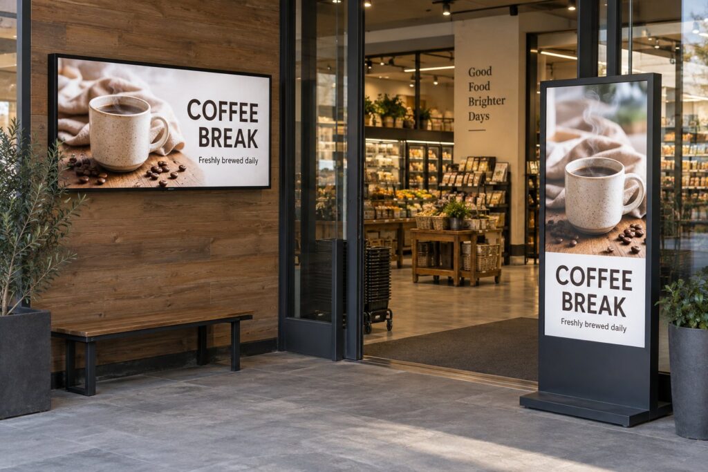 Landscape and portrait commercial screens showing a coffee promotion with layouts adapted to each screen shape