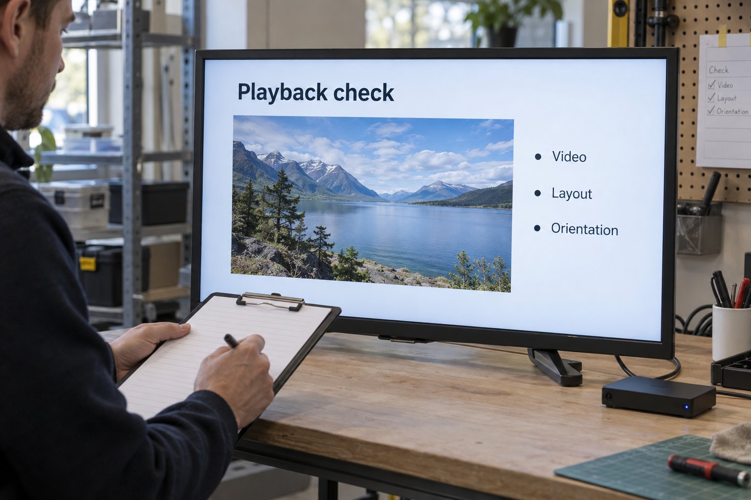 A technician reviews a sample video, layout and orientation checklist on a display connected to an external media player.