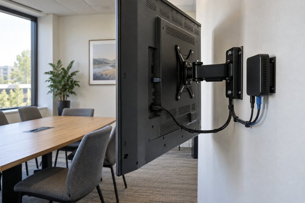 Rear view of a wall-mounted display with a separate media player, accessible connections and space around the bracket.