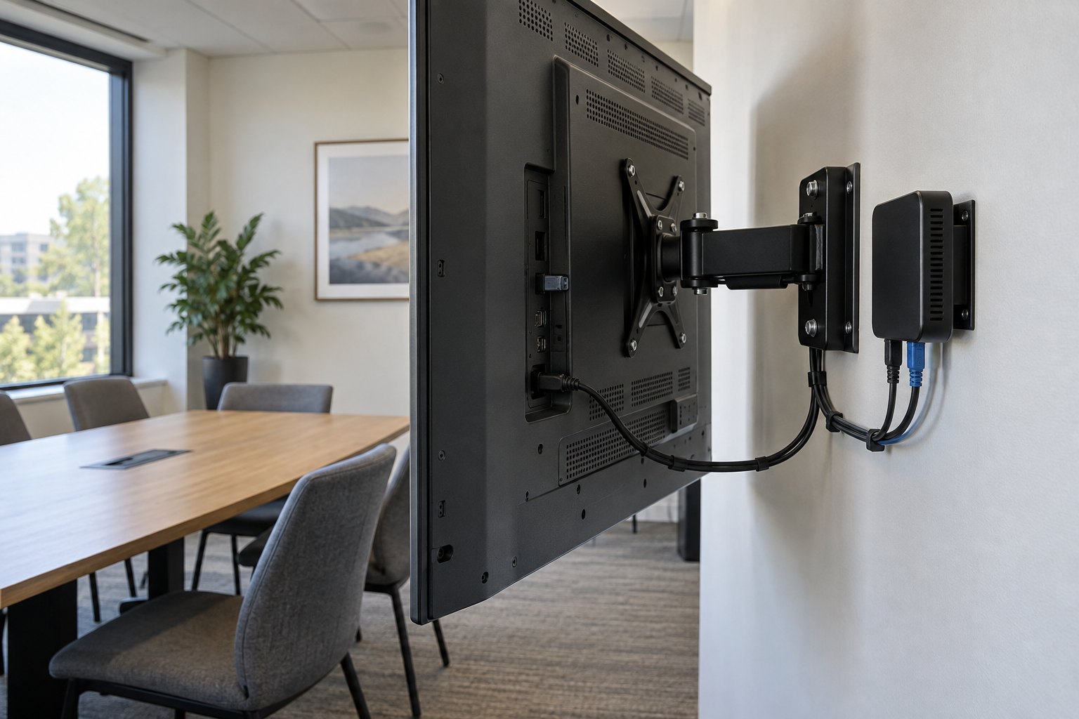 Rear view of a wall-mounted display with a separate media player, accessible connections and space around the bracket.