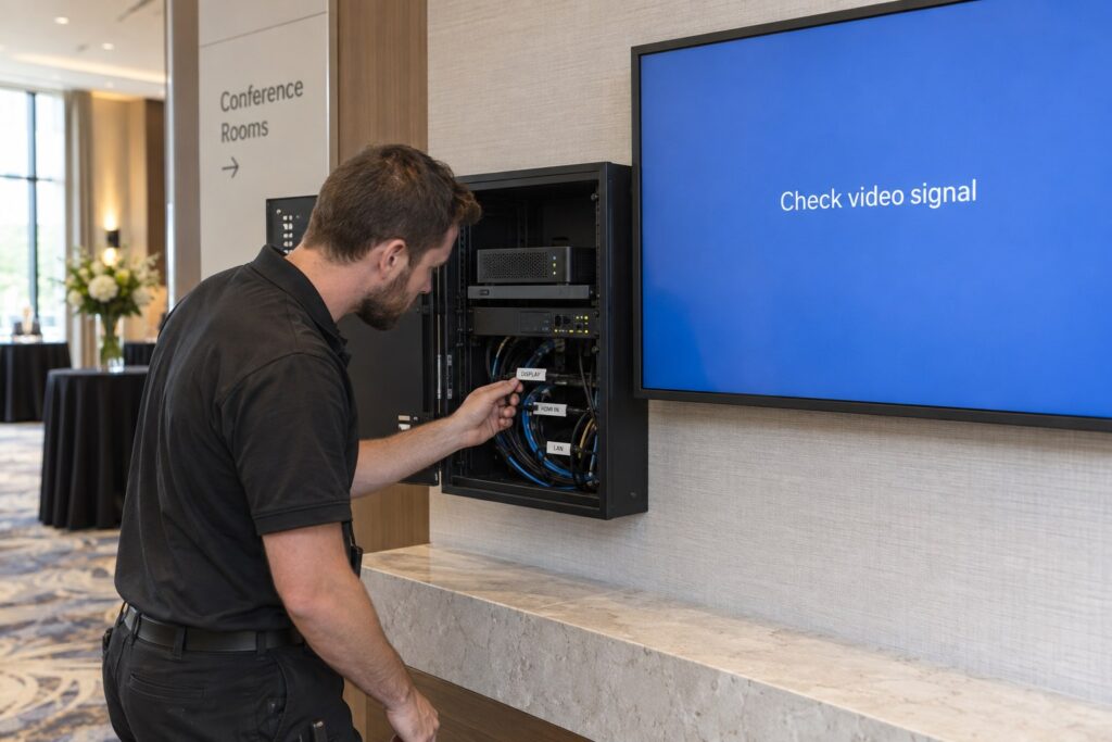 Ein Techniker prüft beschriftete Kabel in einem AV-Schrank neben einem gewerblichen Display mit der Meldung zur Videosignalprüfung.