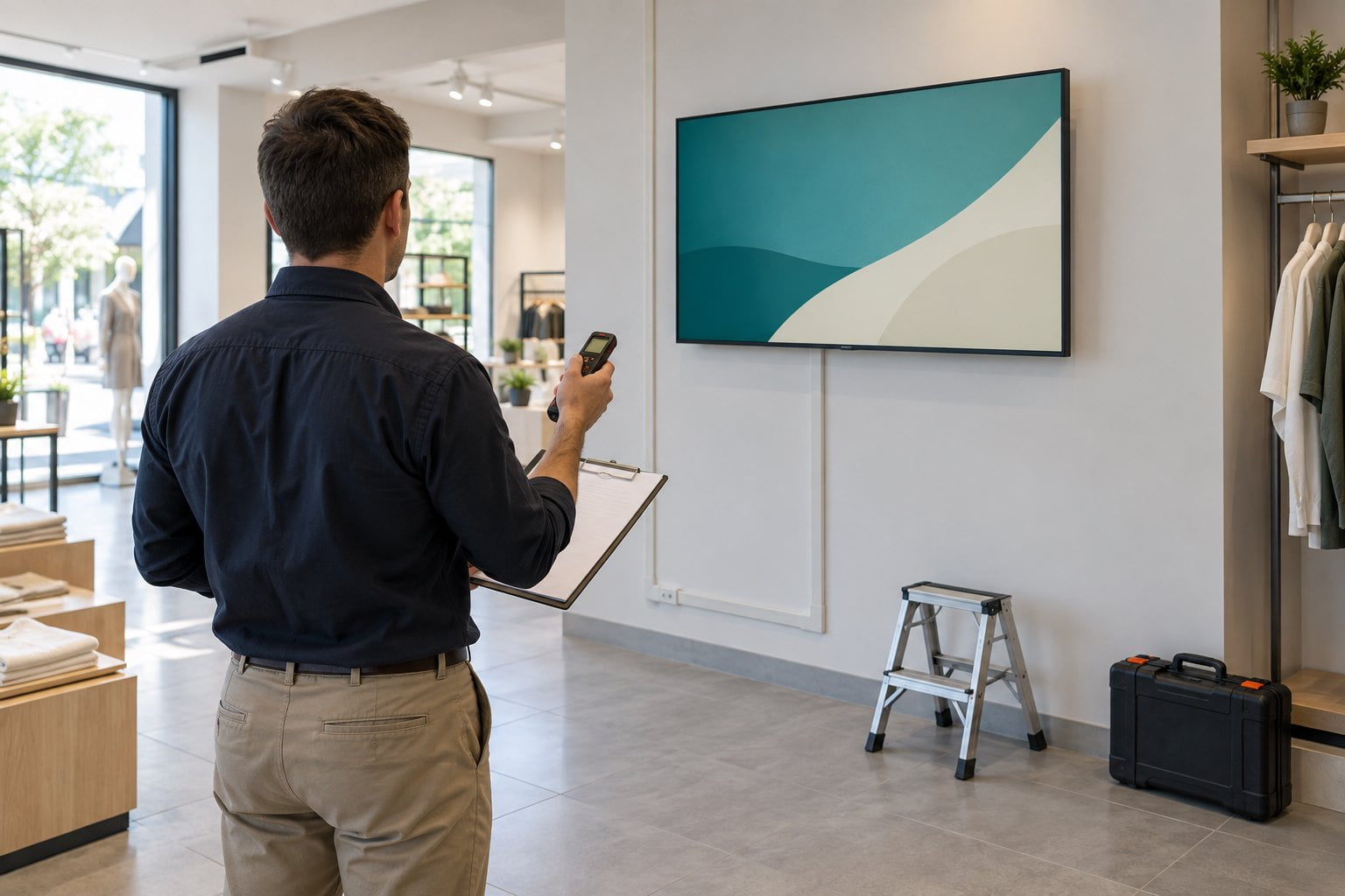 Planner checking a retail display location with a measuring device and clipboard.