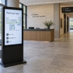 A freestanding touchscreen directory in a building lobby shows a floor map beside a list of visitor destinations.