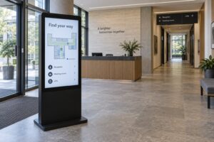 A freestanding touchscreen directory in a building lobby shows a floor map beside a list of visitor destinations.
