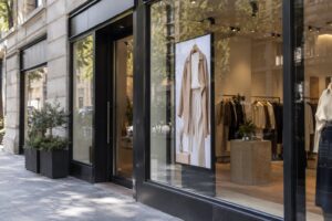 Portrait digital window display showing apparel imagery through shop glass.