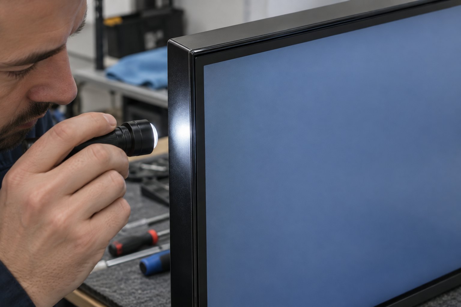A technician uses a flashlight to inspect the edge of a display front panel and its metal frame.