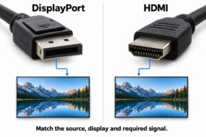 Des connecteurs DisplayPort et HDMI sont illustrés au-dessus de deux écrans professionnels.