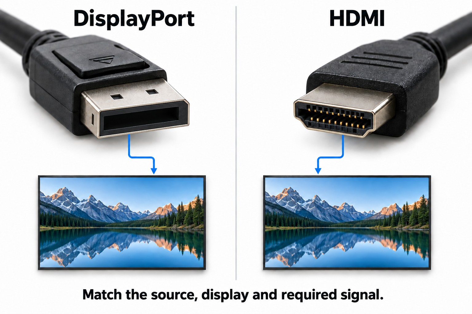 DisplayPort- und HDMI-Anschlussillustrationen über zwei gewerblichen Displaypanels.