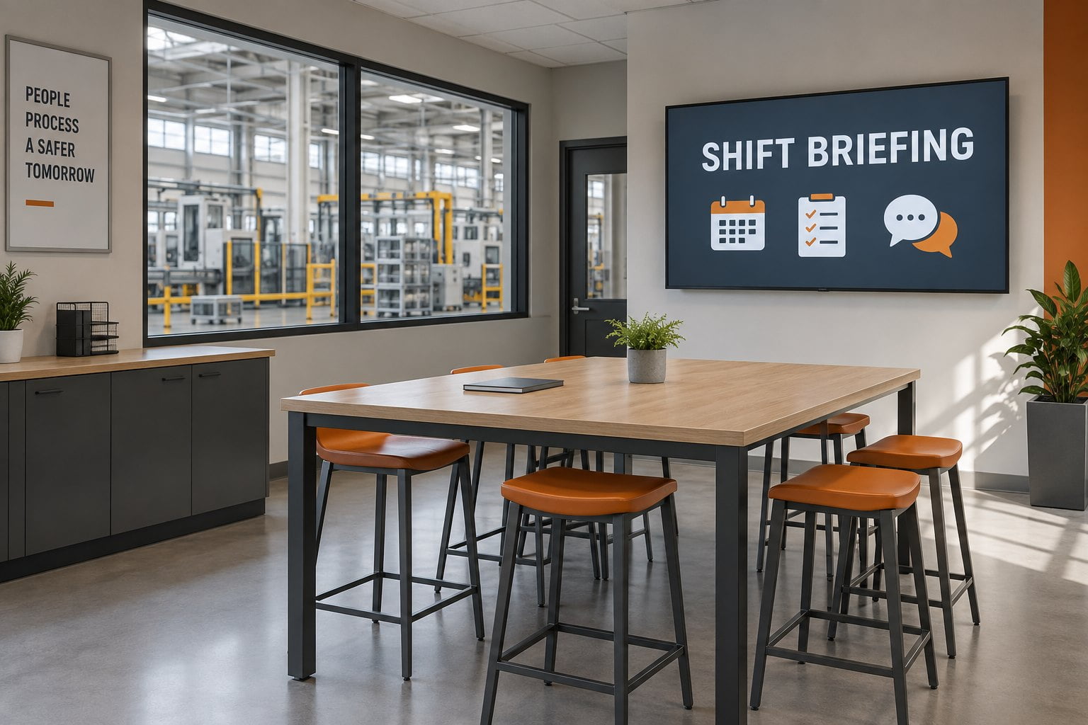 Wall-mounted shift briefing display in a factory team meeting area overlooking the production hall