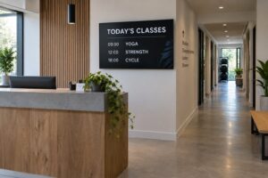 Wall-mounted screen showing today's yoga, strength and cycle classes beside a gym reception desk