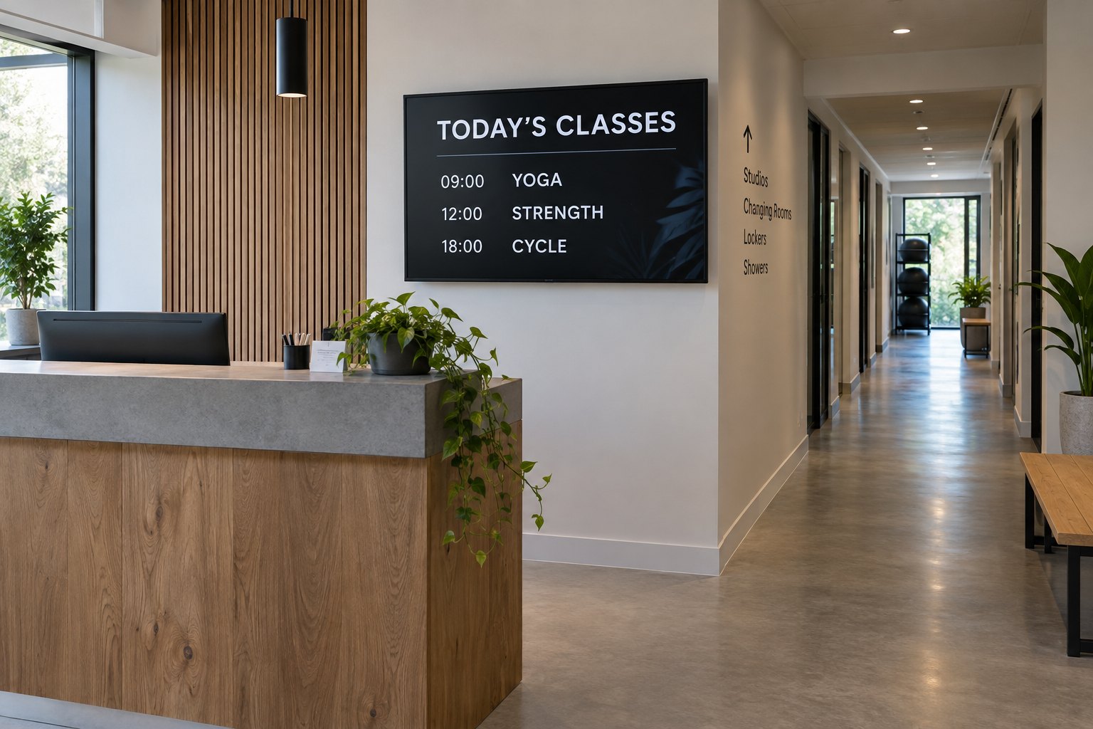 Wall-mounted screen showing today's yoga, strength and cycle classes beside a gym reception desk