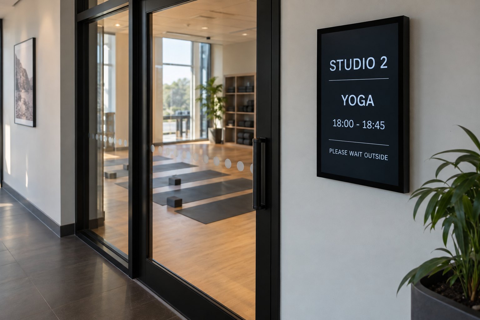 Portrait display beside a yoga studio entrance showing the room, class time and entry instruction