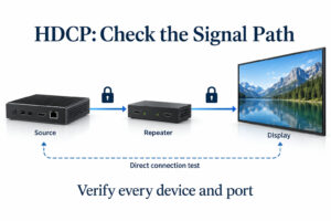 Eine Signage-Quelle, ein Repeater und ein gewerbliches Display sind mit Symbolen für geschützte Verbindungen und einem direkten Testweg dargestellt.