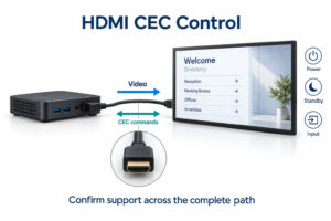 Un reproductor de señalización y una pantalla comercial comparten un cable HDMI, con flechas separadas para comandos de video y CEC.