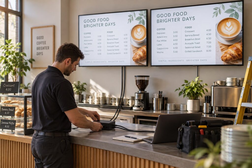 Un technicien raccorde un équipement de distribution sous deux écrans de menu de café au contenu identique.