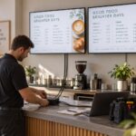 Un technicien raccorde un équipement de distribution sous deux écrans de menu de café au contenu identique.