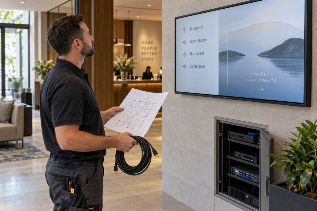 Un installateur tient un câble et un plan près d’un écran d’orientation d’hôtel et d’une armoire technique.