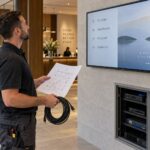 Un installateur tient un câble et un plan près d’un écran d’orientation d’hôtel et d’une armoire technique.