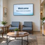 A wall-mounted screen beside clinic reception shows a welcome message and asks visitors to check in at reception.