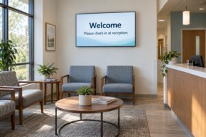 A wall-mounted screen beside clinic reception shows a welcome message and asks visitors to check in at reception.