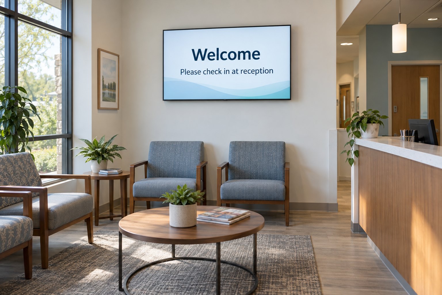 A wall-mounted screen beside clinic reception shows a welcome message and asks visitors to check in at reception.