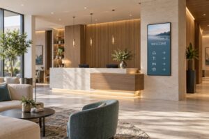 Hotel reception with a wall-mounted welcome and wayfinding display.