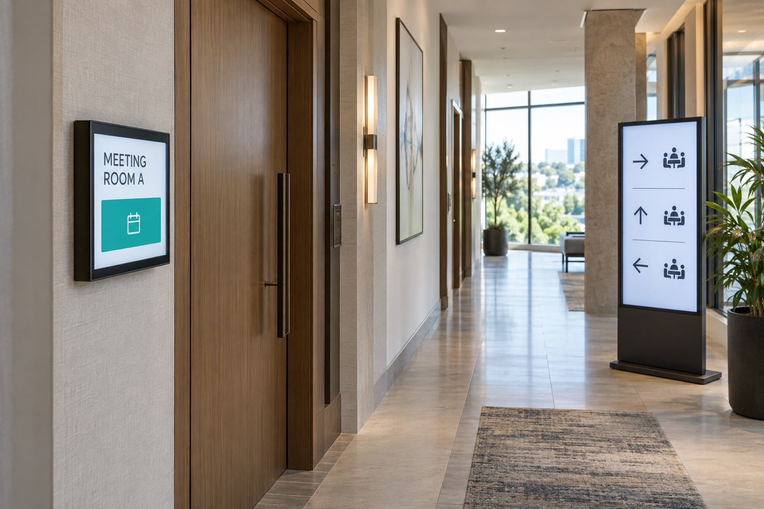Meeting room sign beside a hotel door and a freestanding corridor wayfinding display.