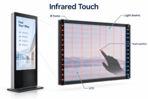 Gewerbliches Terminal neben einem vergrößerten Infrarot-Touchrahmen mit Lichtstrahlen und Berührungsposition.