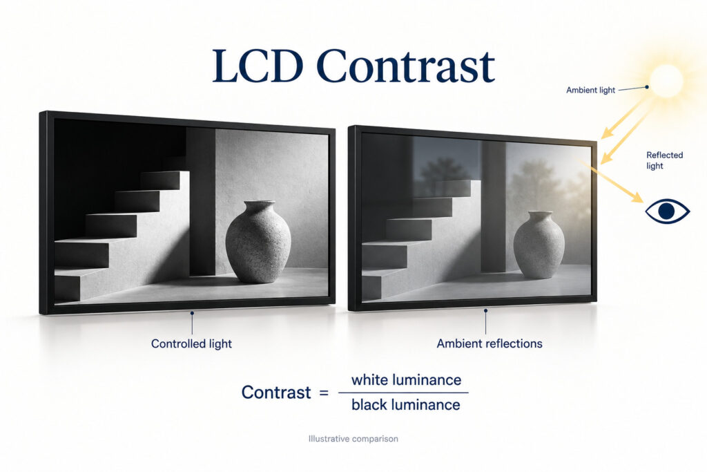 Dos paneles LCD comerciales comparan la iluminación controlada y los reflejos ambientales junto con la fórmula de relación de contraste.