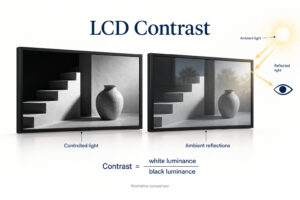 Two commercial LCD panels compare controlled lighting and ambient reflections alongside the contrast ratio formula.