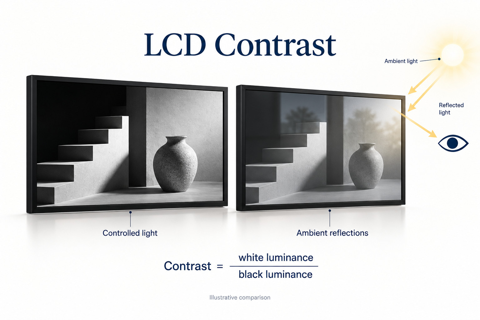 Dos paneles LCD comerciales comparan la iluminación controlada y los reflejos ambientales junto con la fórmula de relación de contraste.