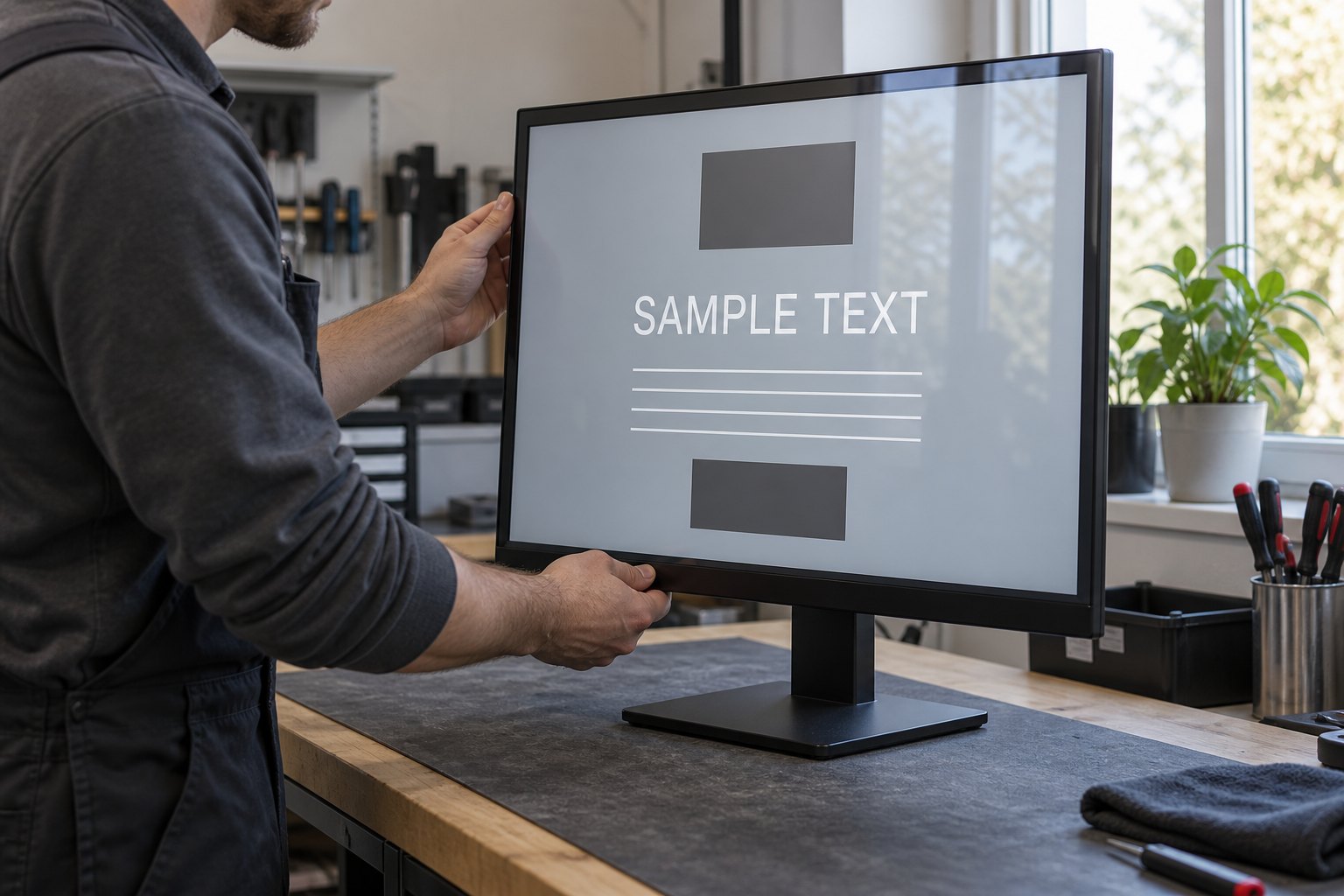 A technician examines a display with a text test pattern near a bright window to review reflections and readability.