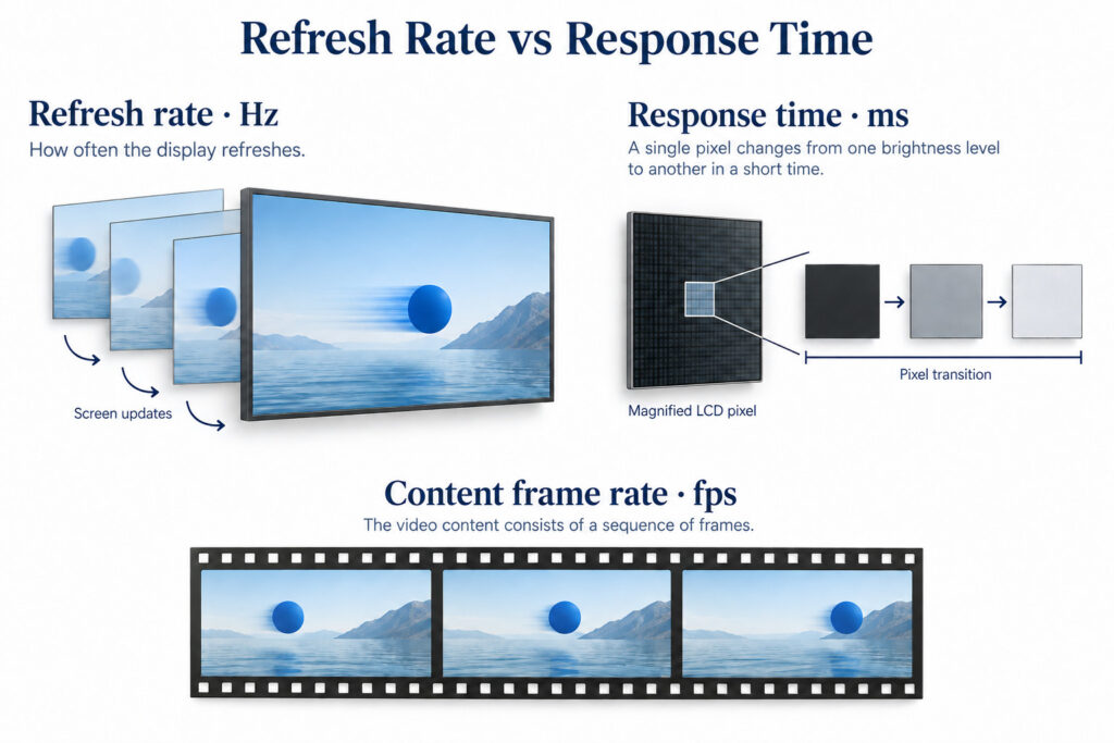 La ilustración separa la frecuencia de actualización de la pantalla en hercios, el tiempo de transición de píxeles LCD en milisegundos y la velocidad de fotogramas de contenido.