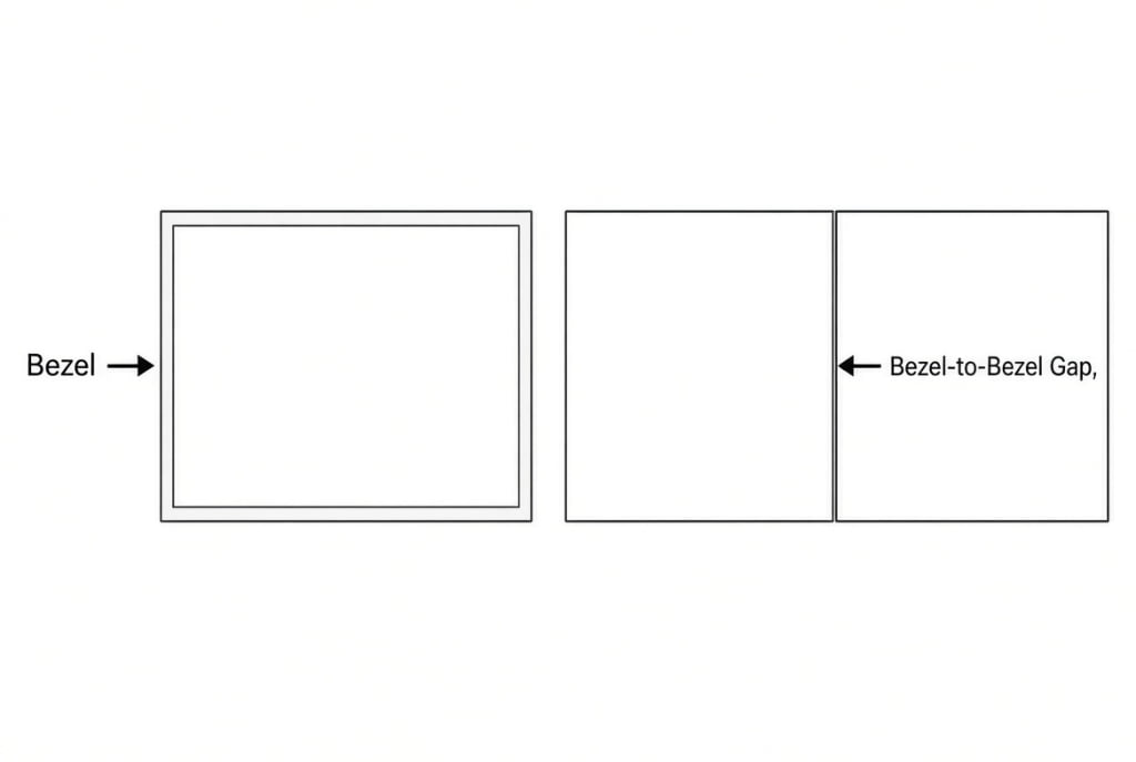 LCD video wall bezel diagram showing single screen bezel width versus bezel-to-bezel gap between two adjacent screens