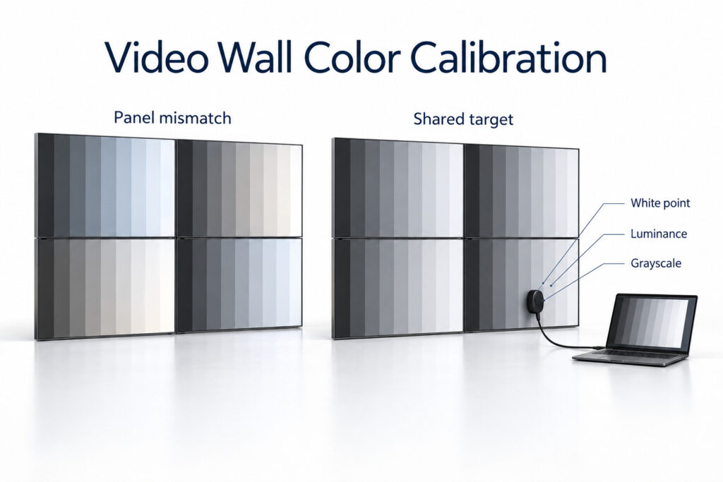 Dos paredes de vídeo LCD ilustran la falta de coincidencia de color del panel y un objetivo de calibración compartido con un sensor de medición.