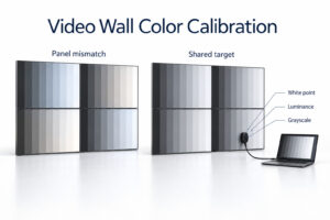 Zwei LCD-Videowände veranschaulichen Farbabweichungen zwischen Panels und ein gemeinsames Kalibrierziel mit Messsensor.